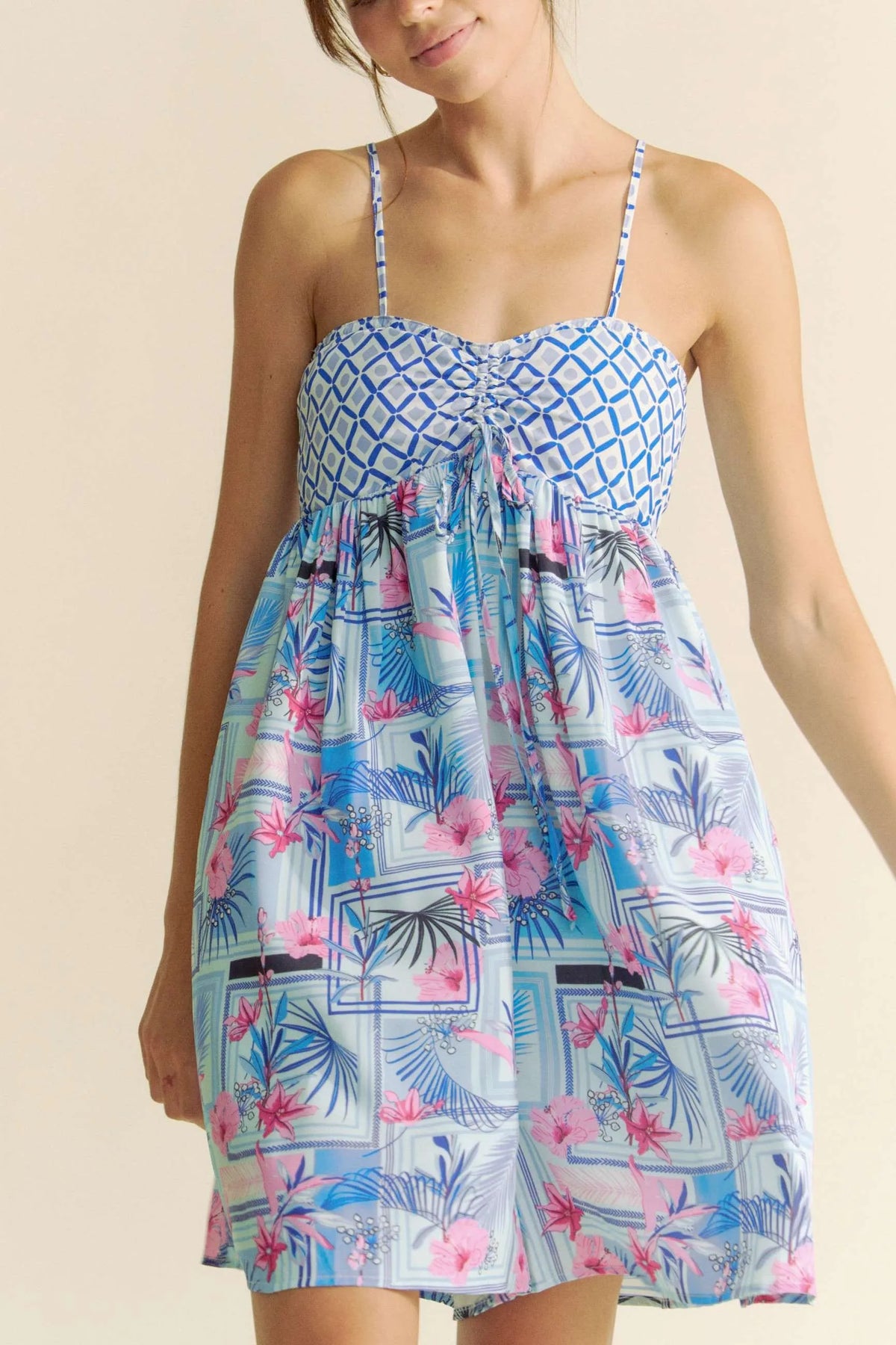 Davi & Dani Tropical Floral Geo Print Tie Back Tube Top Romper