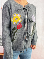 Floral Ribbed Hem Tie Front Cardigan