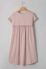 Frilled Trim Crew Neck Cap Sleeve Loose Fit Mini Dress