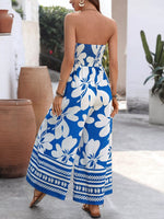 Floral Print Tie Front Strapless Wide Leg Jumpsuit