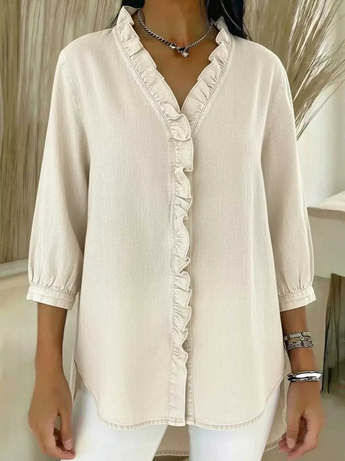 Full Size V-Neck Ruffled Button Down Shirt Plus Size