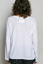 POL Contrast Hand-Stitch V-Neck Lightweight Knit Long Sleeve Top