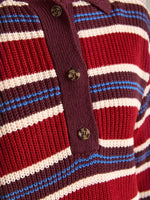 Striped Button Detail Polo Collar Sweater
