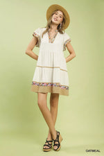Umgee Linen Tiered Flutter Sleeve Dress with Floral Trim