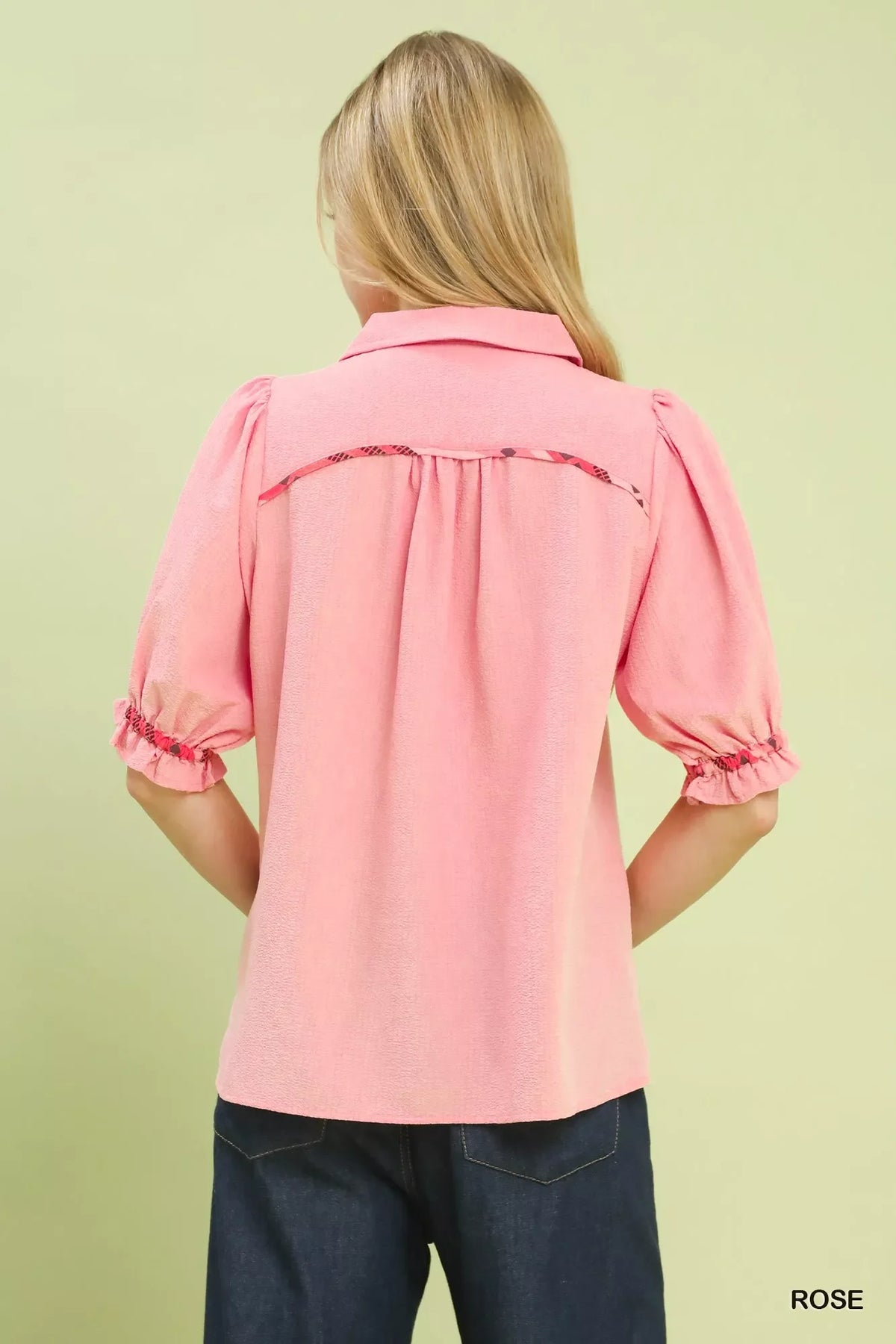 Umgee Scalloped Trim Blouse with Puff Sleeves