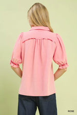 Umgee Scalloped Trim Blouse with Puff Sleeves