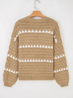 Contrast Detail Textured Knit Puff Sleeve Baggy Sweater