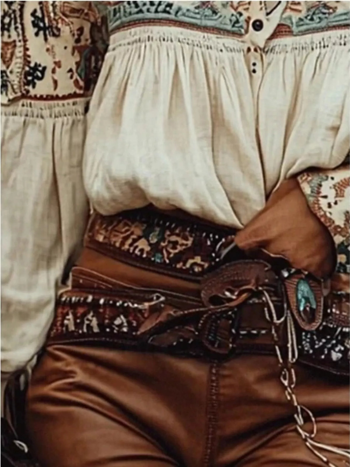 Off-Shoulder Printed Long Sleeve Blouse