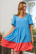 BiBi Two-Tone Balloon Sleeves U Neck Tiered Ruffle Hem Mini Dress