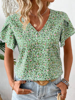 Floral Print V-Neck Short Sleeve Blouse