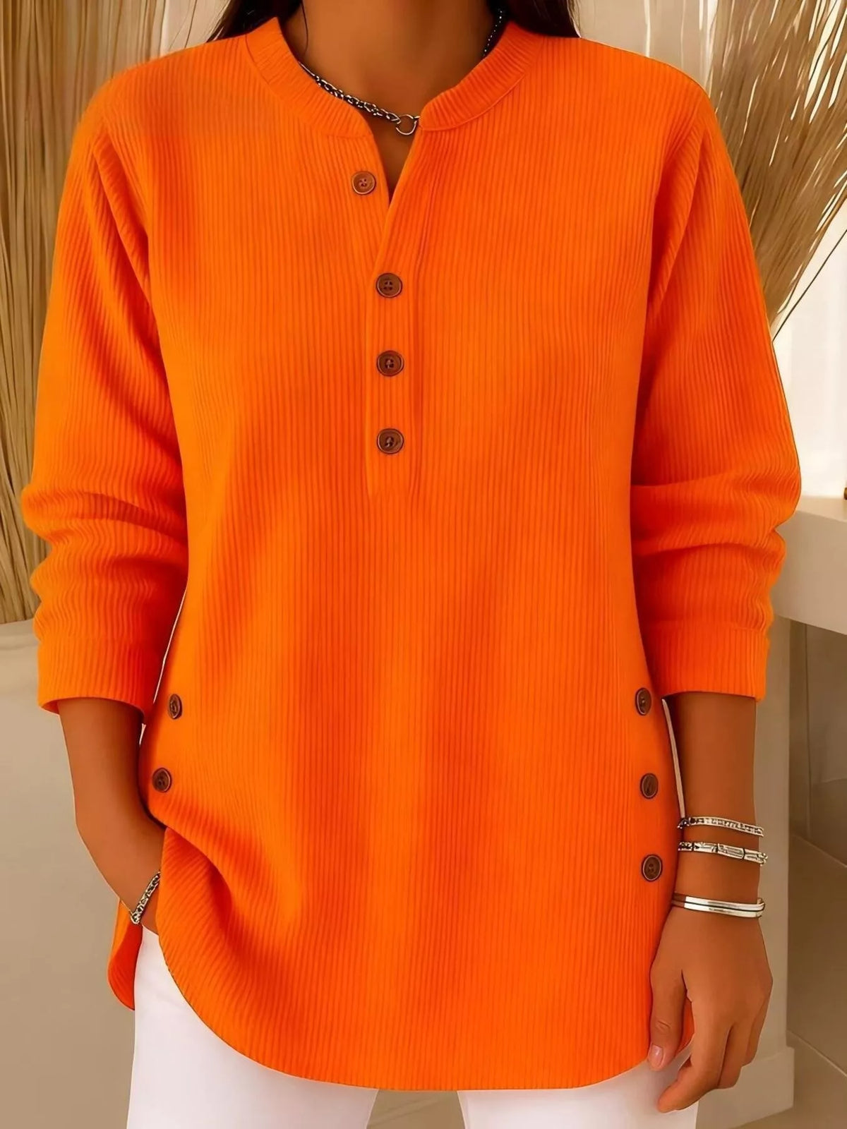 Full Size Ribbed Half Button Henley Top Plus Size