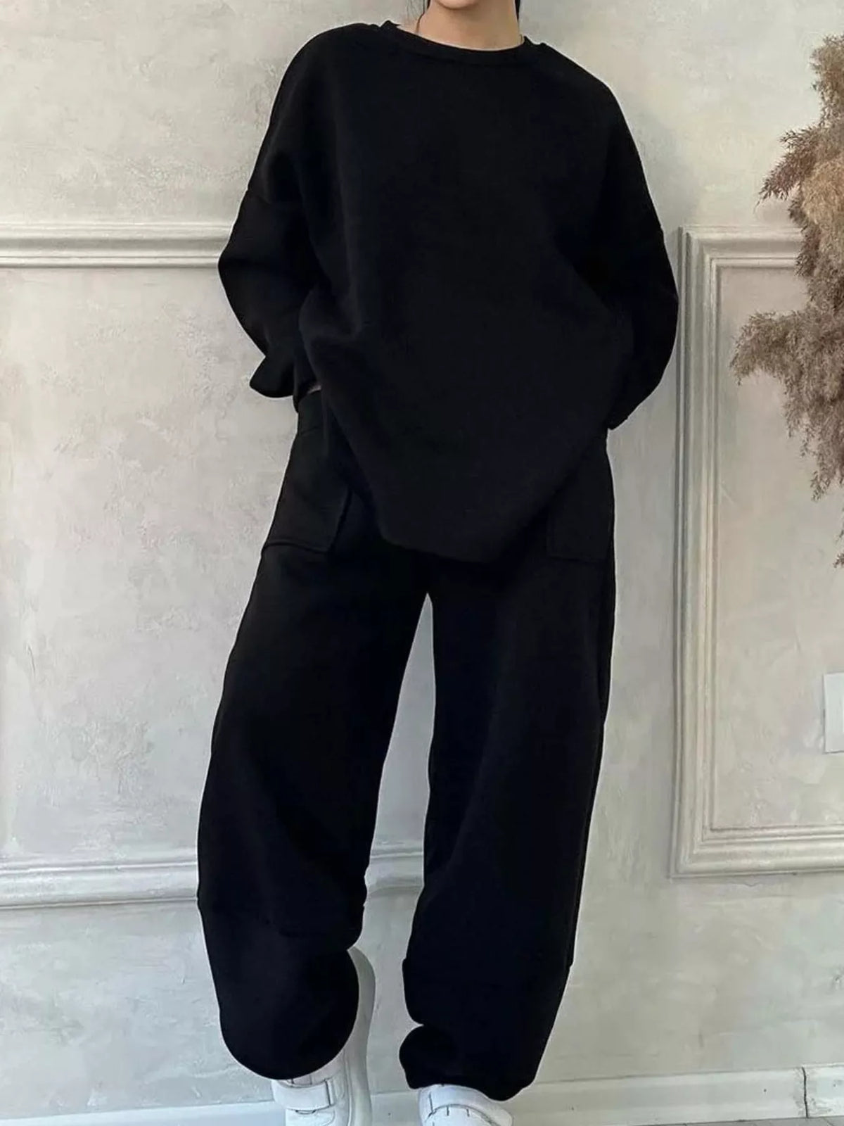 Full Size Oversized Round Neck Top and Pants Set Plus Size