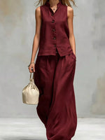 Sleeveless Button-Down Top and Wide-Leg Pant Set