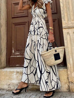Abstract Print Ruffle Sleeve V-Neck Midi Dress