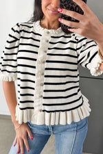 Stripe Ruffle Trim Button Down Knit Short Sleeve Sweater Cardigan