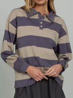 Striped Polo Collar Sweatshirt with Button Details