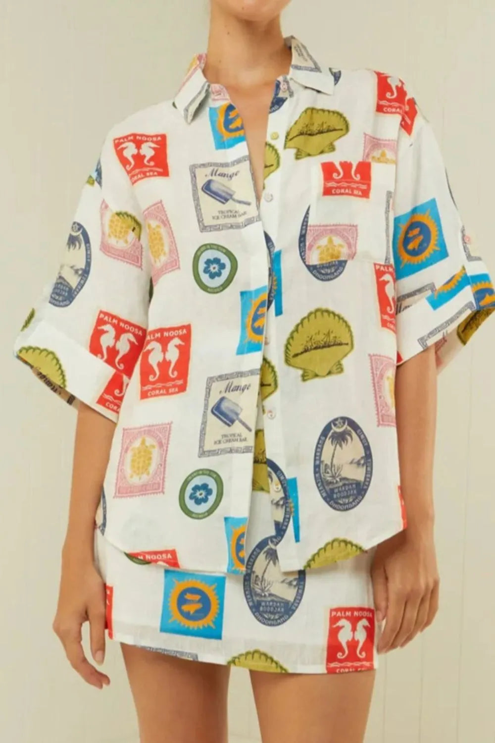 Printed Button Up Shirt and Skirt Set