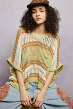 POL Openwork Lightweight Striped V-Neck Knit Top