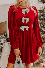 Velvet Bow Front Balloon Sleeve Dress