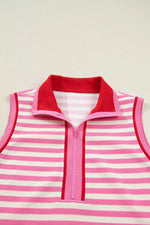 Half Zip Striped Sleeveless Top and Skirt Set