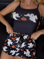 Halloween Ghost and Pumpkin Print Lettuce Trim Cami and Shorts Set
