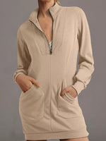Zip Up Collared Ribbed Patchwork Sweatshirt Dress with Pockets