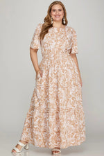 She + Sky Printed Notched Woven Tiered Pintuck Maxi Dress with Side Pockets