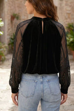 Solid Color Sheer Lace Long Sleeve Patchwork Stand Neck Velvet Blouse