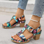 Floral Print Buckle Ankle Strap Block Heel Sandals