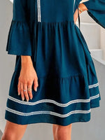 Tie-Neck Long Sleeve Mini Dress with Trim Detail