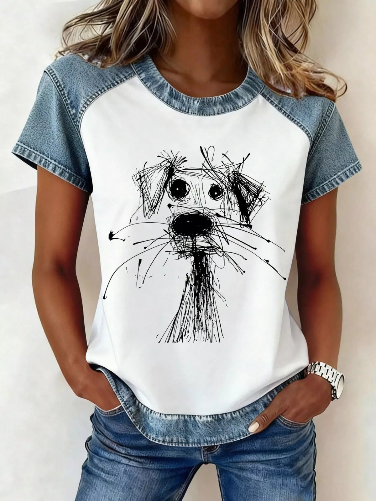 Denim Patchwork Short Sleeve Blouse