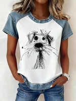 Denim Patchwork Short Sleeve Blouse
