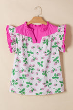 Striped Strawberry Printed Color Block Patchwork V Neck Flutter Sleeve Blouse