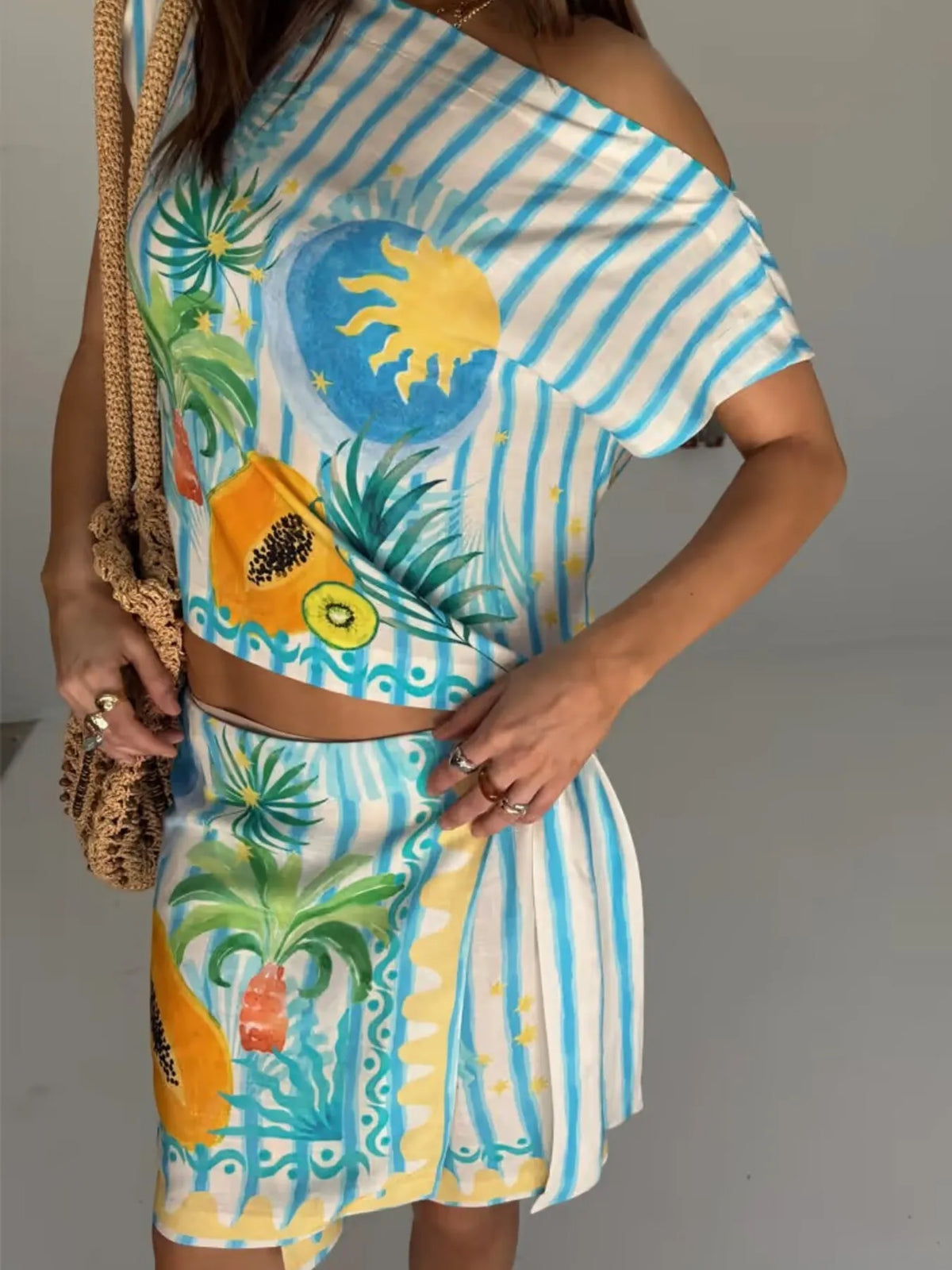 Printed Striped Single Shoulder Top and Skirt Set