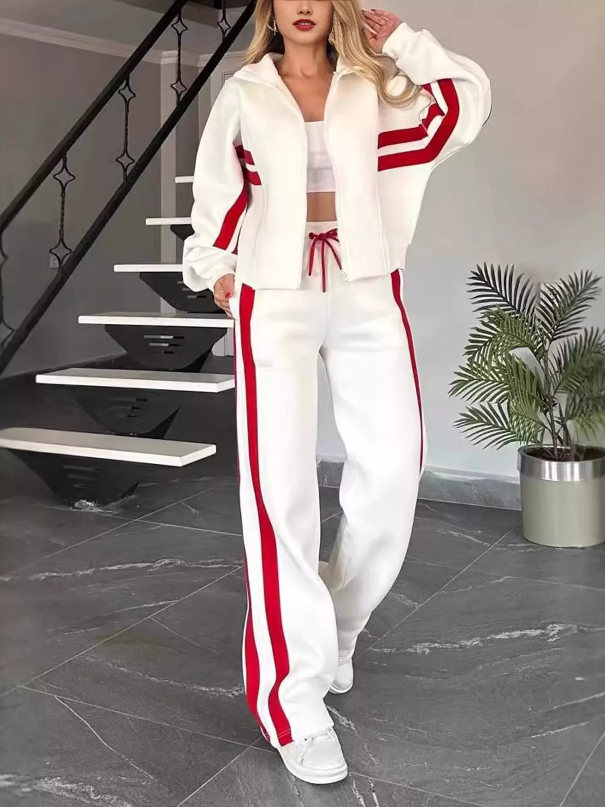 Full Size Striped Zip Up Outerwear and Pants Set Plus Size