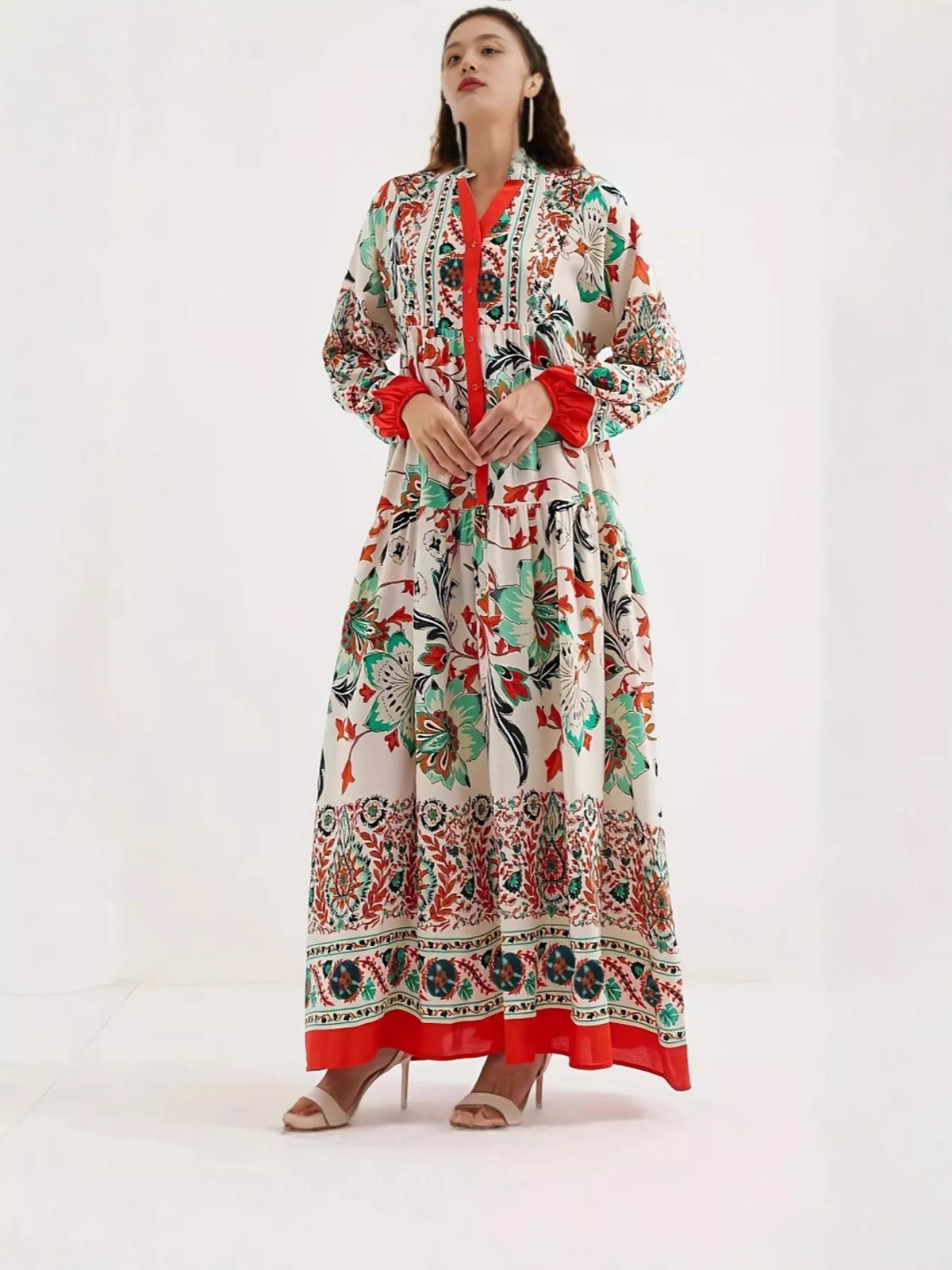 Printed Notched Long Sleeve Maxi Dress