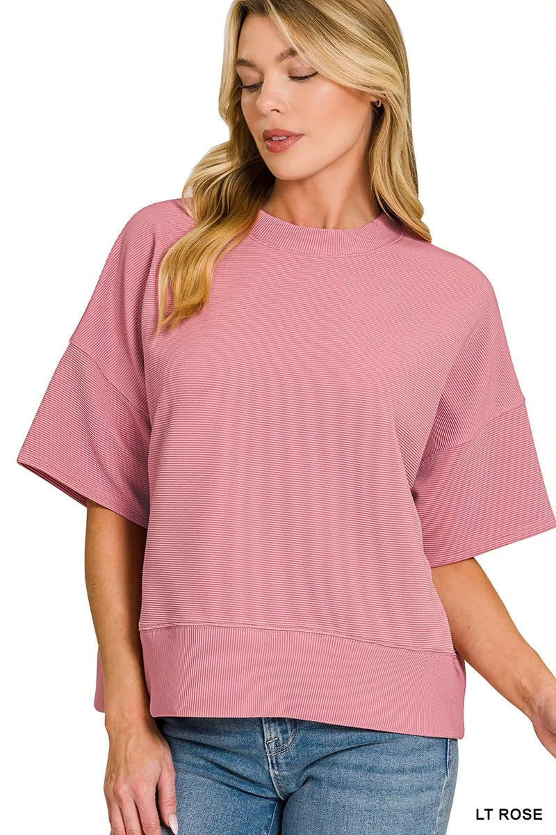 Zenana Ribbed Round Neck Waist Banded T-Shirt
