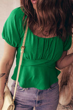 Solid Color Ruched Crossed Waist Tied Back Short Sleeve Peplum Top