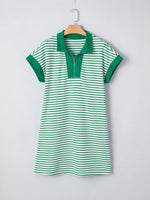 Stripe Quarter Zip Polo Collar T Shirt Dress with Pockets