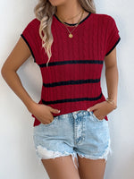 Cable-Knit Striped Round Neck Knit Top