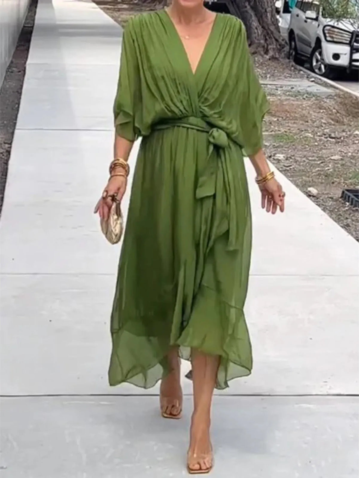 Full Size Flowy Tie Front Midi Dress with Flutter Sleeves Plus Size