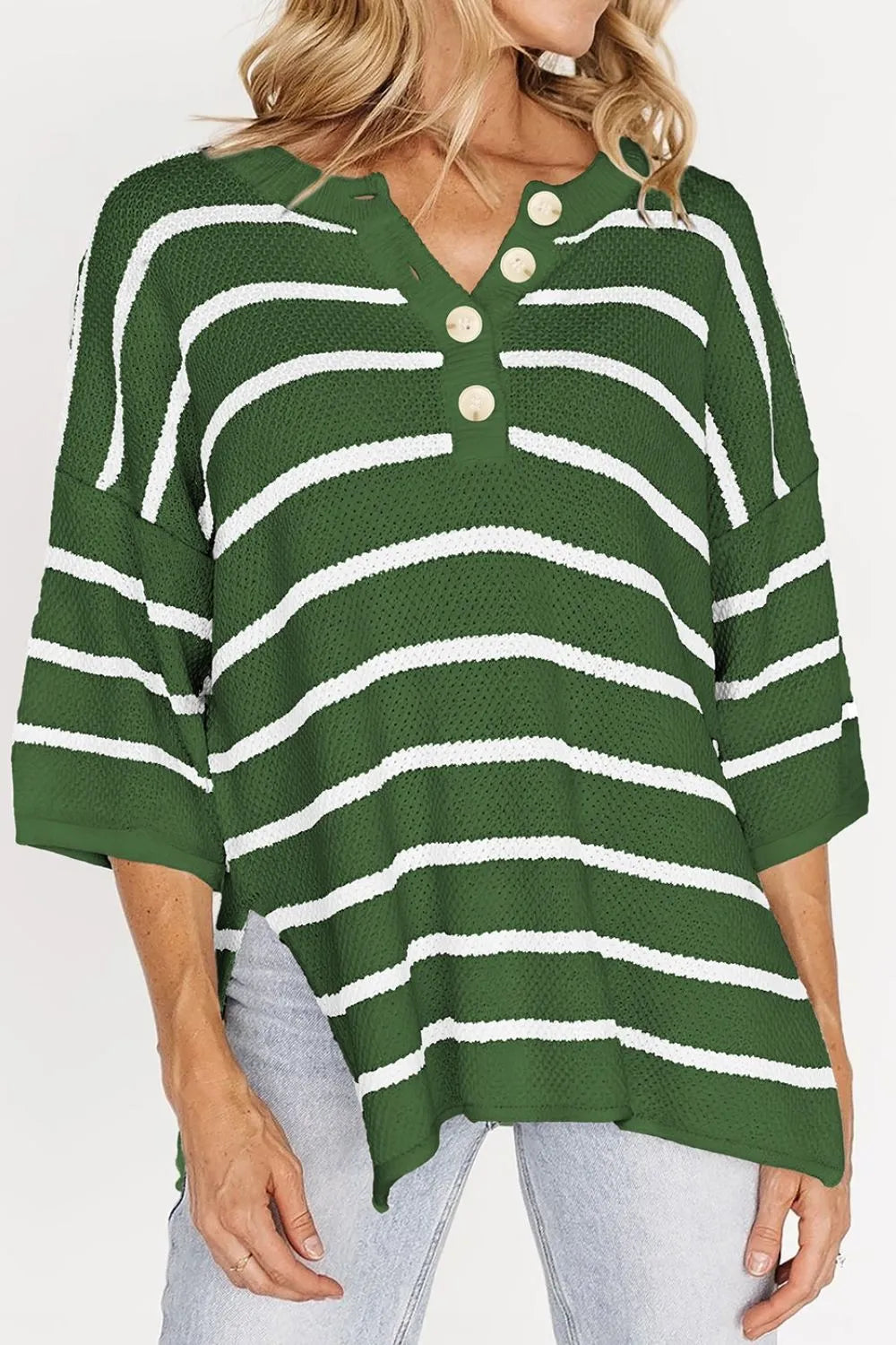 Stripe Drop Shoulder Side Slit Knit Top