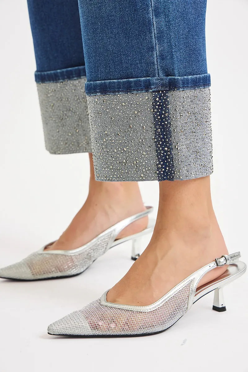 RISEN High Rise Ankle Wide Rhine Stone Cuffed Jeans