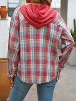 Plaid Button-Up Hooded Shirt with Chest Pocket