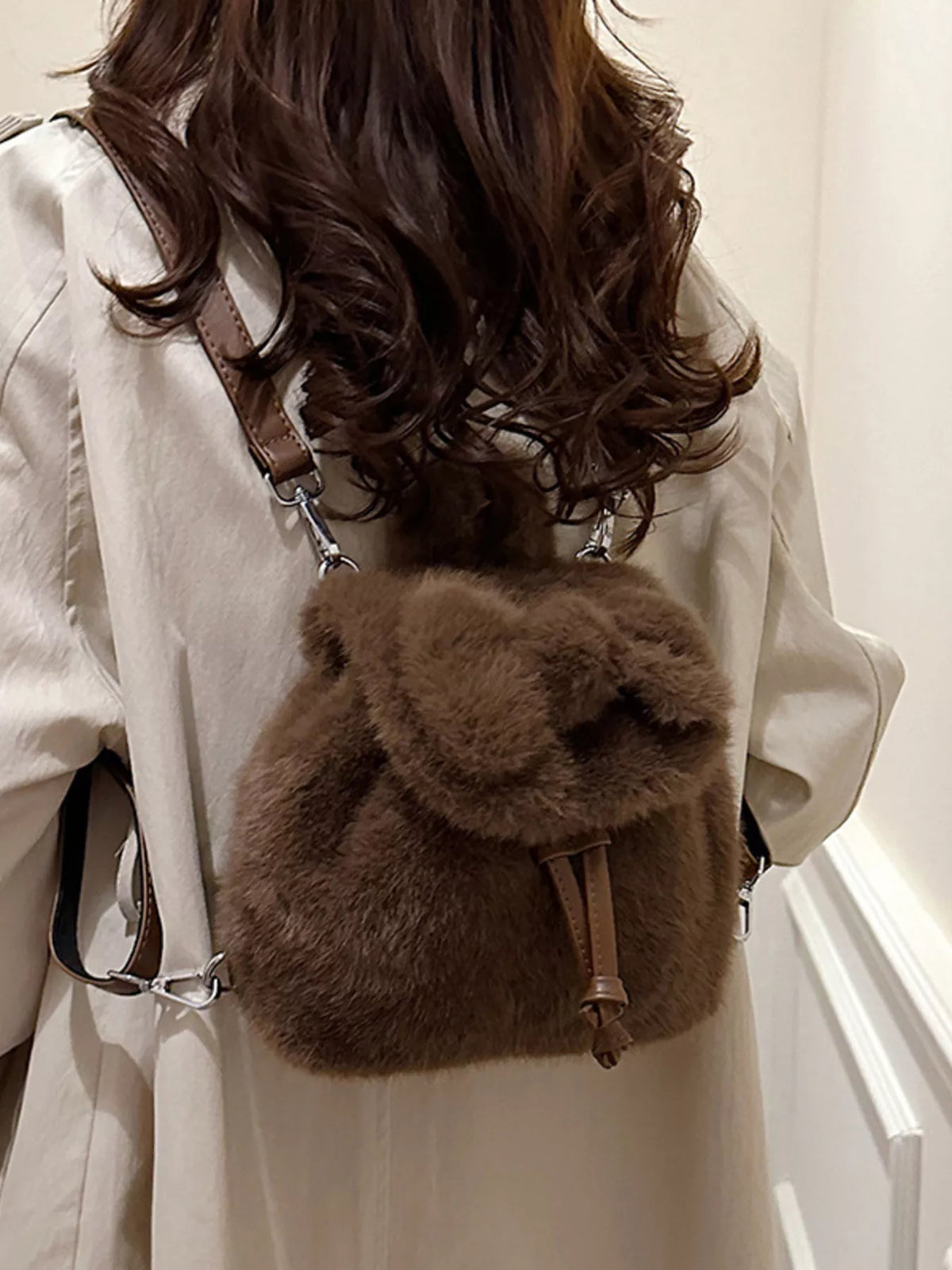 Fuzzy Plush Drawstring Backpack Bag