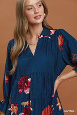 Umgee Floral Print Tiered Midi Dress with Puff Sleeves