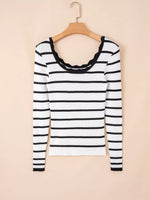 Scalloped Trim U Neck Striped Ribbed Slim Knit Top