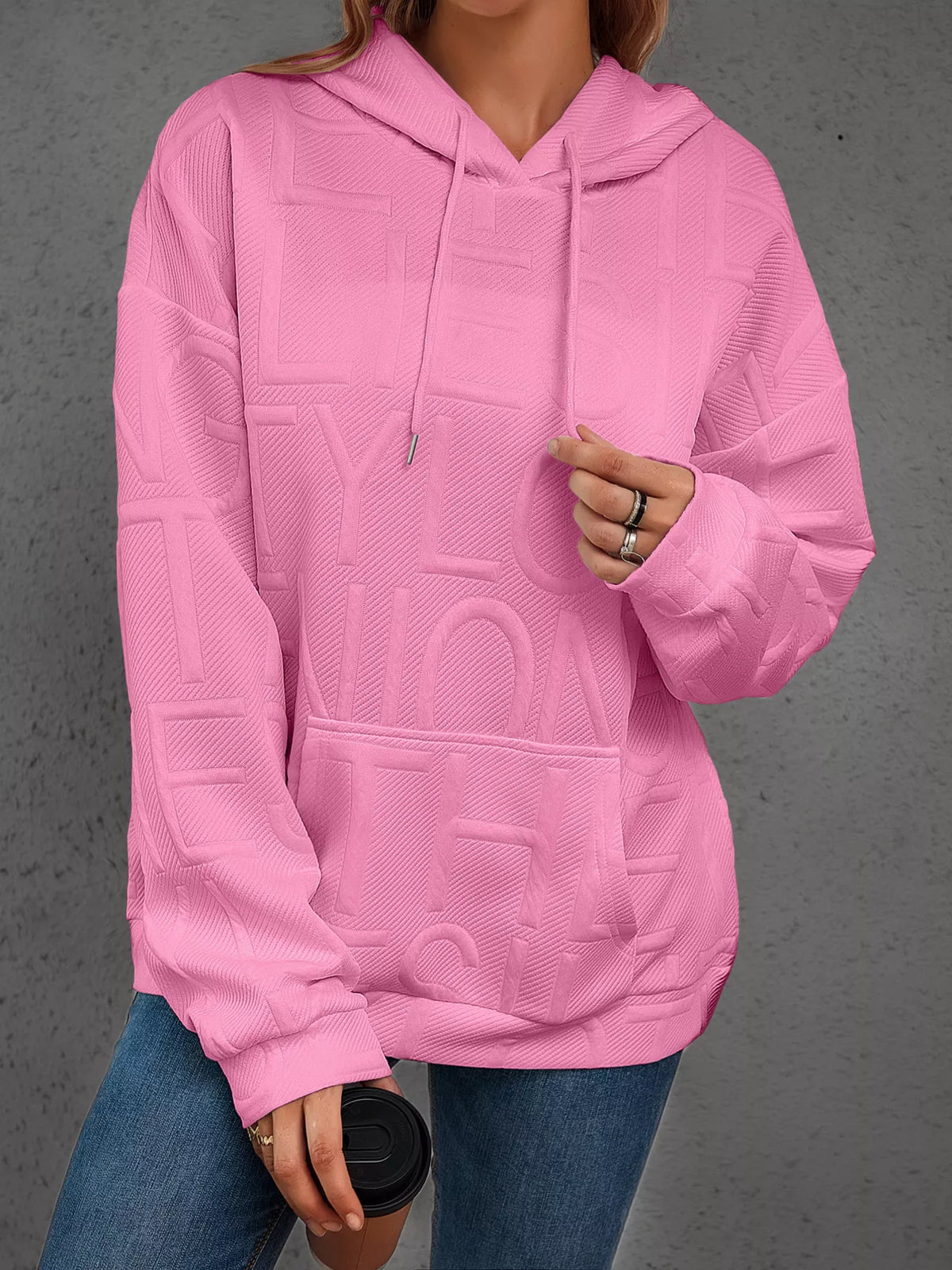 Full Size Textured Embossed Long Sleeve Hoodie Plus Size