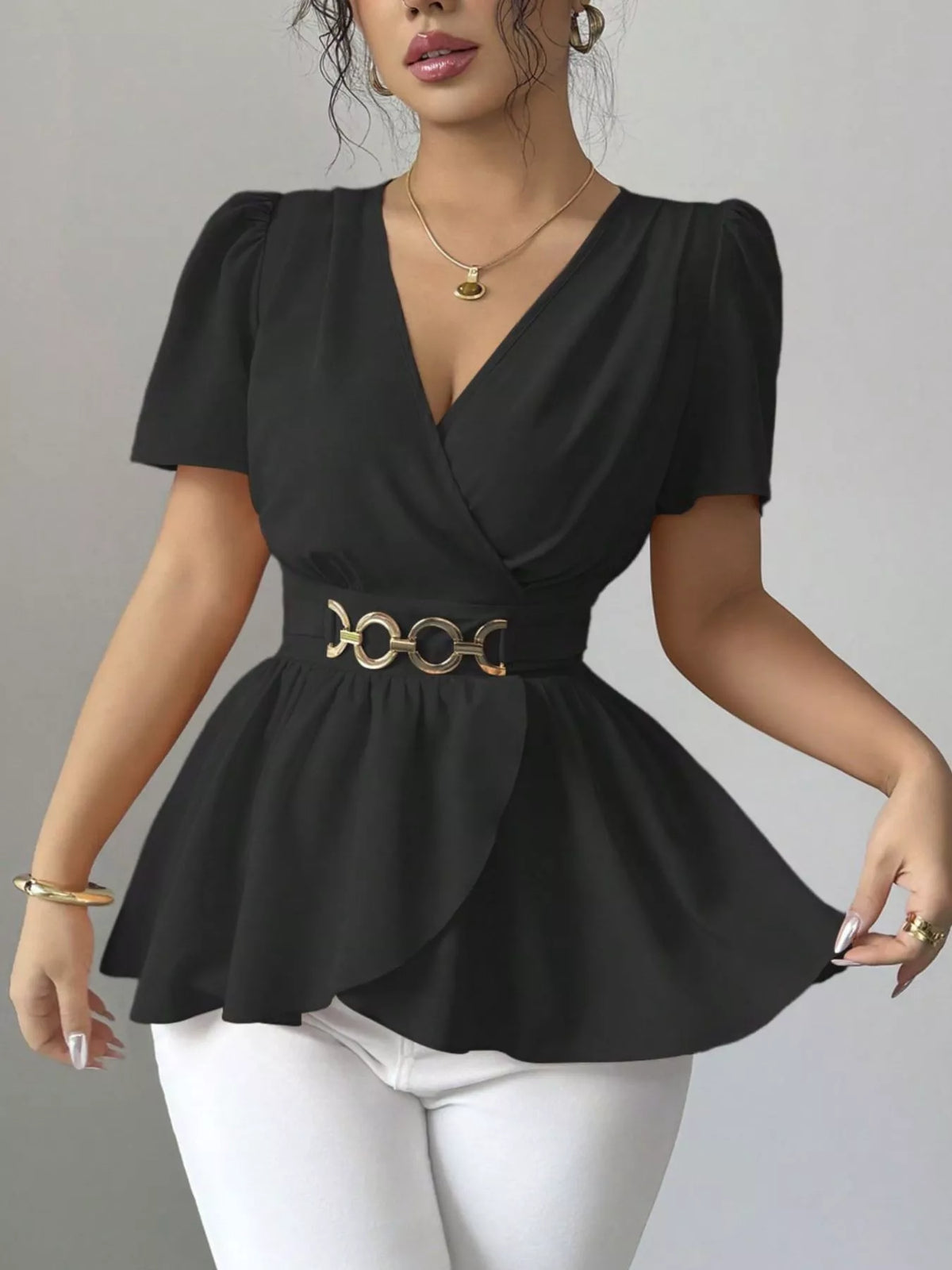 Surplice Short Sleeve Blouse