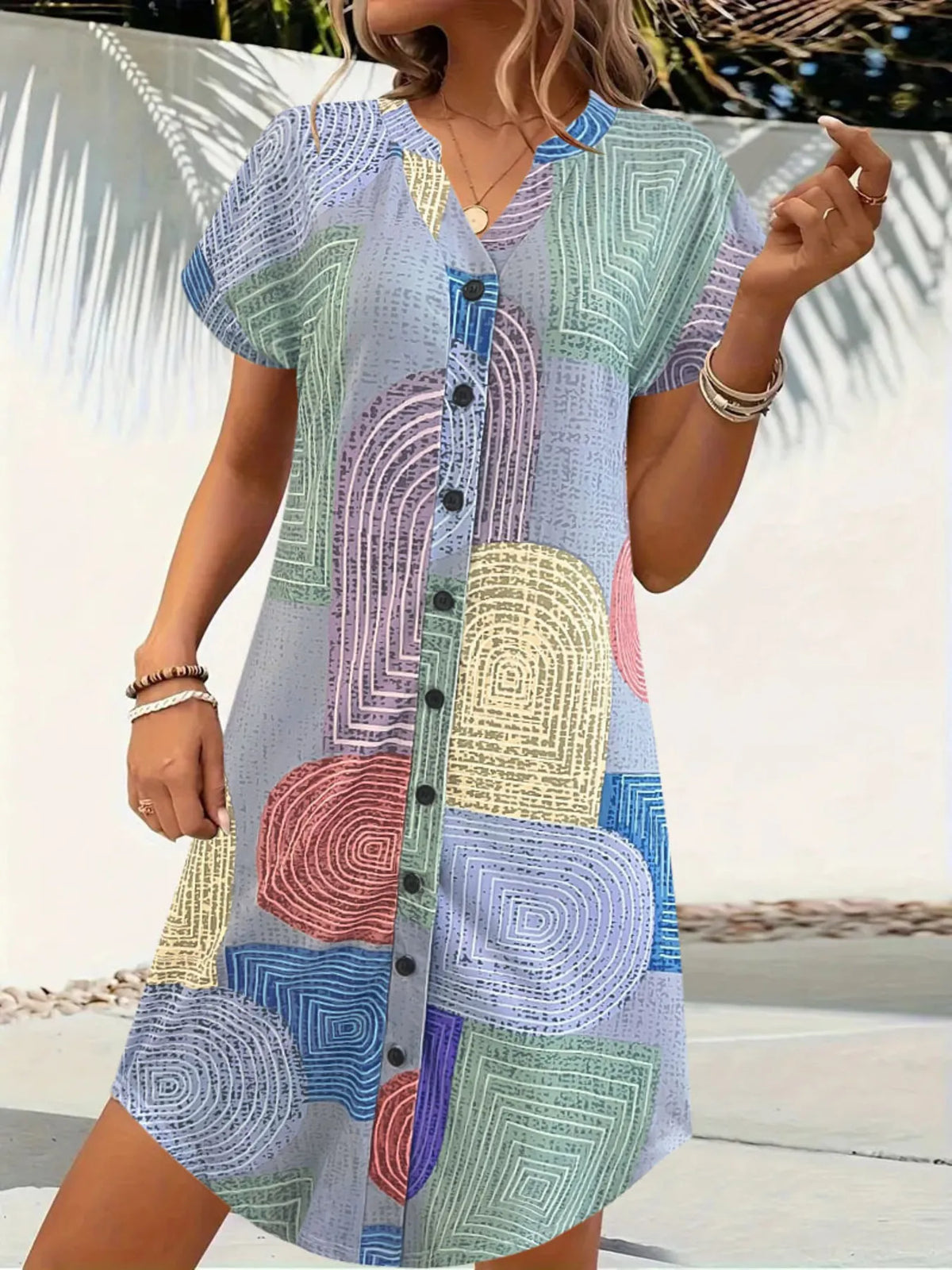 Geometric V-Neck Short Sleeve Button-Front Dress